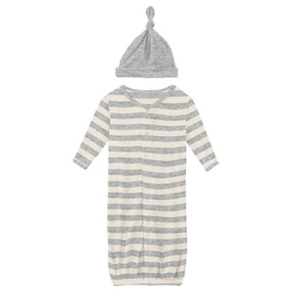 Boy's Print Bamboo Layette Gown Converter & Single Knot Hat Set - Heathered Mist Sweet Stripe KicKee Pants