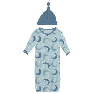 Boy's Print Bamboo Layette Gown Converter & Single Knot Hat Set - Spring Sky Moon and Stars Baby & Toddler Sleepwear