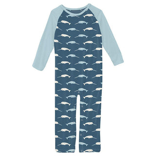 KicKee Pants Boy's Print Bamboo Long Sleeve Raglan Romper - Deep Sea Narwhal