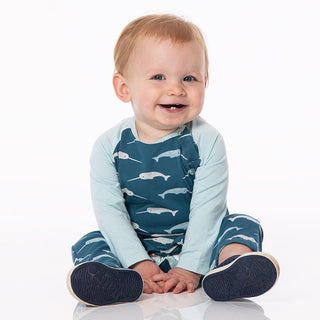 KicKee Pants Boy's Print Bamboo Long Sleeve Raglan Romper - Deep Sea Narwhal