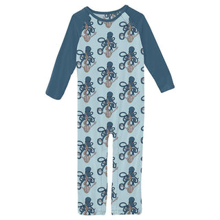 KicKee Pants Boy's Print Bamboo Long Sleeve Raglan Romper - Spring Sky Octopus Anchor