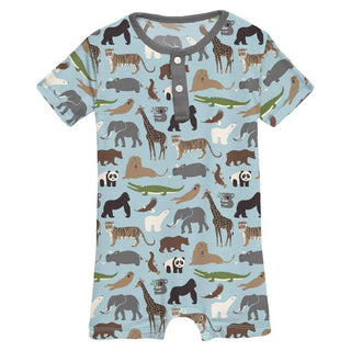 KicKee Pants Boy's Print Bamboo Short Sleeve Henley Romper - Spring Sky Zoo