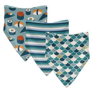 KicKee Pants Boys Print Bandana Bib Set of 3 - Jade Sushi, Dino Stripe and Lagoon Scales - One Size 15ANV