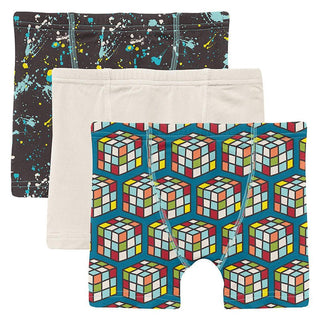 KicKee Pants Boy's Print Boxer Briefs (Set of 3) - Confetti Splatter Paint, Natural & Cerulean Blue Puzzle Cube