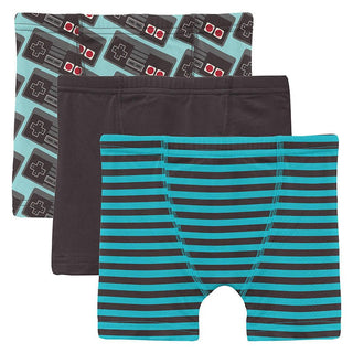 KicKee Pants Boy's Print Boxer Briefs (Set of 3) - Summer Sky Retro Game Controller, Midnight & Rad Stripe