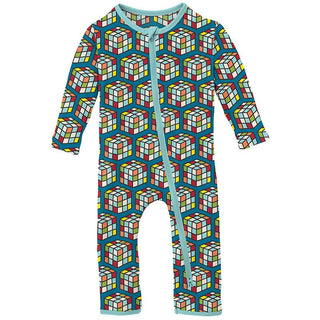 Boy's Print Bamboo Coverall with 2-Way Zipper - Cerulean Blue Puzzle Cube KicKee Pants