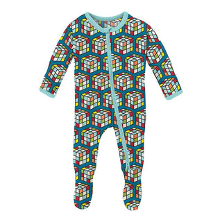 Boy's Print Bamboo Footie with 2-Way Zipper - Cerulean Blue Puzzle Cube KicKee Pants