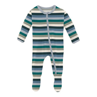 KicKee Pants Boy's Print Footie with 2-Way Zipper - Snowy Stripe