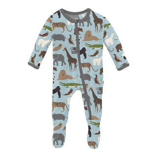 Boy's Print Bamboo Footie with 2-Way Zipper - Spring Sky Zoo KicKee Pants