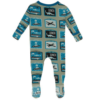 Boy's Print Bamboo Footie with Snaps - Silver Sage Lunchboxes KicKee Pants