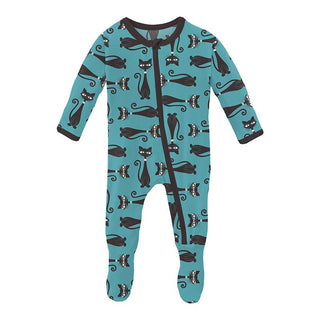 Boy's Print Bamboo Footie with Zipper - Glacier Cool Cats KicKee Pants