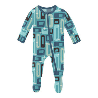 Boy's Print Bamboo Footie with Zipper - Glacier Mid Century Modern KicKee Pants