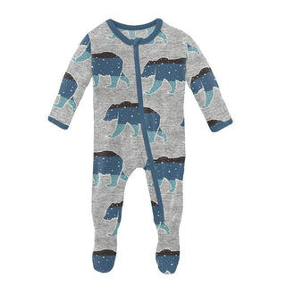 KicKee Pants Boys Print Footie with Zipper - Heather Mist Night Sky Bear