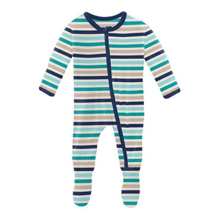 Boy's Print Bamboo Footie with Zipper - Sand and Sea Stripe KicKee Pants