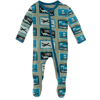 Boy's Print Bamboo Footie with Zipper - Silver Sage Lunchboxes Baby & Toddler Sleepwear