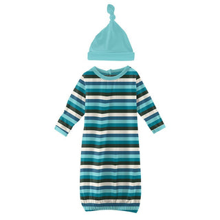 Boy's Print Bamboo Layette Gown & Single Knot Hat Set - Ice Multi Stripe KicKee Pants