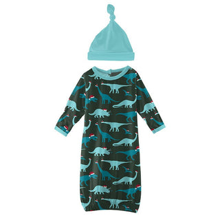 Boy's Print Bamboo Layette Gown & Single Knot Hat Set - Santa Dinos Baby & Toddler Sleepwear