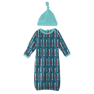 Boy's Print Bamboo Layette Gown & Single Knot Hat Set - Twilight Skis Baby & Toddler Sleepwear