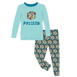 Boy's Print Bamboo Long Sleeve Graphic Tee Pajama Set - Cerulean Blue Puzzle Cube Baby & Toddler Sleepwear