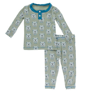 Boy's Print Bamboo Long Sleeve Henley Pajama Set - Silver Sage Wise Owls Baby & Toddler Sleepwear