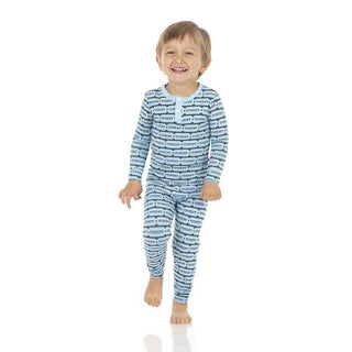 Boy's Print Bamboo Long Sleeve Henley Pajama Set - Slate Game Tickets KicKee Pants