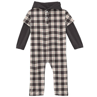 Boy's Print Bamboo Long Sleeve Hoodie Romper - Midnight Holiday Plaid KicKee Pants