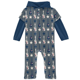 Boy's Print Bamboo Long Sleeve Hoodie Romper - Slate Guitars & Stars Baby One-Pieces