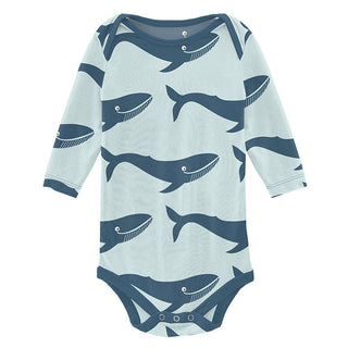 Boy's Print Bamboo Long Sleeve One Piece - Fresh Air Blue Whales Baby One-Pieces