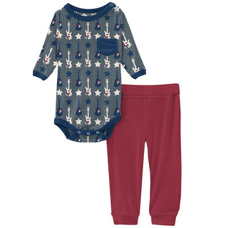 KicKee Pants Boys Print Long Sleeve Pocket One Piece and Pant Outfit Set - Slate Guitars and Stars