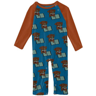 Boy's Print Bamboo Long Sleeve Raglan Romper - Cerulean Blue Dog Ate My Homework Baby One-Pieces