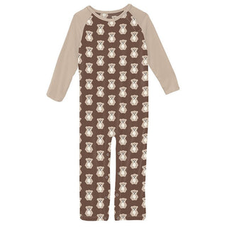 KicKee Pants Boys Print Long Sleeve Raglan Romper - Cocoa Teddy Bear