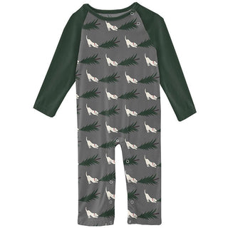 Boy's Print Bamboo Long Sleeve Raglan Romper - Pewter Christmas Tree Drag Baby One-Pieces