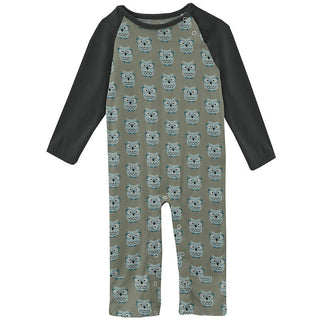 Boy's Print Bamboo Long Sleeve Raglan Romper - Silver Sage Wise Owls Baby One-Pieces