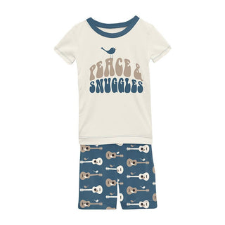 Boy's Print Bamboo Short Sleeve Graphic Tee Pajama Set with Shorts - Deep Sea Guitar Birds KicKee Pants