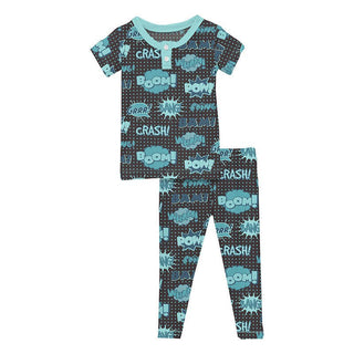 KicKee Pants Boy's Print Short Sleeve Henley Pajama Set - Midnight Comic Onomatopoeia | Stylish Sleepies offer designs that make bedtime beautiful.