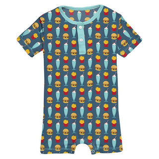 Boy's Print Bamboo Short Sleeve Henley Romper - Deep Sea Cheeseburger KicKee Pants