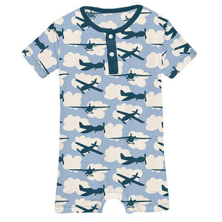 Boy's Print Bamboo Short Sleeve Henley Romper - Pond Airplanes Baby One-Pieces