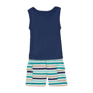 Boy's Print Bamboo Tank & Cargo Short Outfit Set - Sand and Sea Stripe Baby & Toddler Outfits