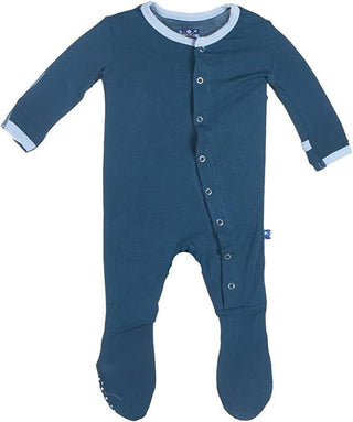 Boy's Solid Bamboo Footie with Snaps - Peacock with Pond Contrast Trim KicKee Pants