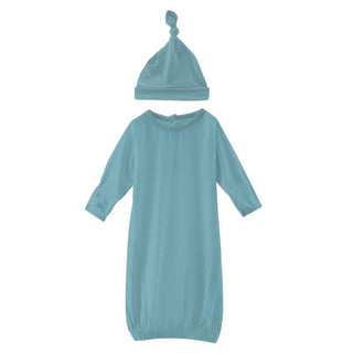 Boy's Solid Bamboo Layette Gown & Single Knot Hat Set - Glacier (RT) KicKee Pants