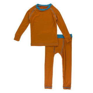 KicKee Pants Boys Solid Long Sleeve Sport Pajama Set - Harvest with Cerulean Blue | Stylish Sleepies offer designs that make bedtime beautiful.