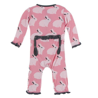 Bamboo Classic Ruffle Coverall with Zipper - Strawberry Forest Rabbit KicKee Pants