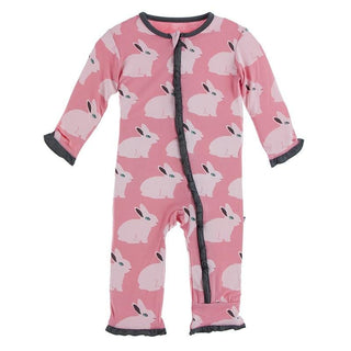 Bamboo Classic Ruffle Coverall with Zipper - Strawberry Forest Rabbit KicKee Pants