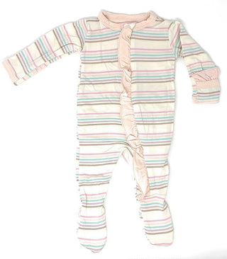 KicKee Pants Custom Classic Ruffle Footie with Zipper - Cupcake Stripe with Macaroon Trim