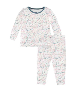 Custom Print Bamboo Long Sleeve Pajama Set - Natural Japanese Cherry Tree with Dusty Sky Trim Baby & Toddler Sleepwear