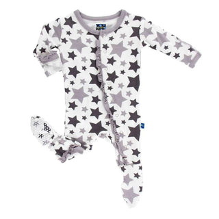 Essentials Print Bamboo Classic Ruffle Footie with Snaps - Feather/Rain Stars KicKee Pants