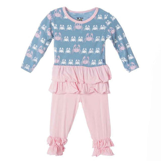 KicKee Pants GirlLong Sleeve Double Ruffle Outfit Set, Blue Moon Crabbies