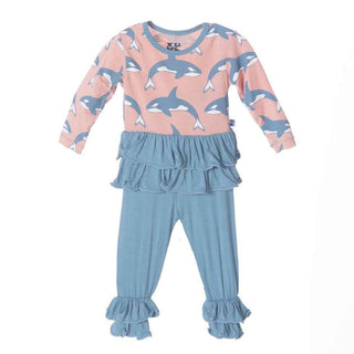 KicKee Pants GirlLong Sleeve Double Ruffle Outfit Set, Blush Orca