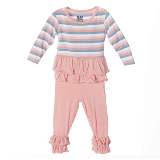 KicKee Pants GirlLong Sleeve Double Ruffle Outfit Set, Girl Salty Seas Stripe