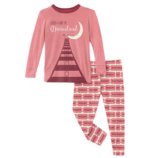 Girl's Bamboo Long Sleeve Graphic Tee Pajama Set - Natural Game Tickets KicKee Pants